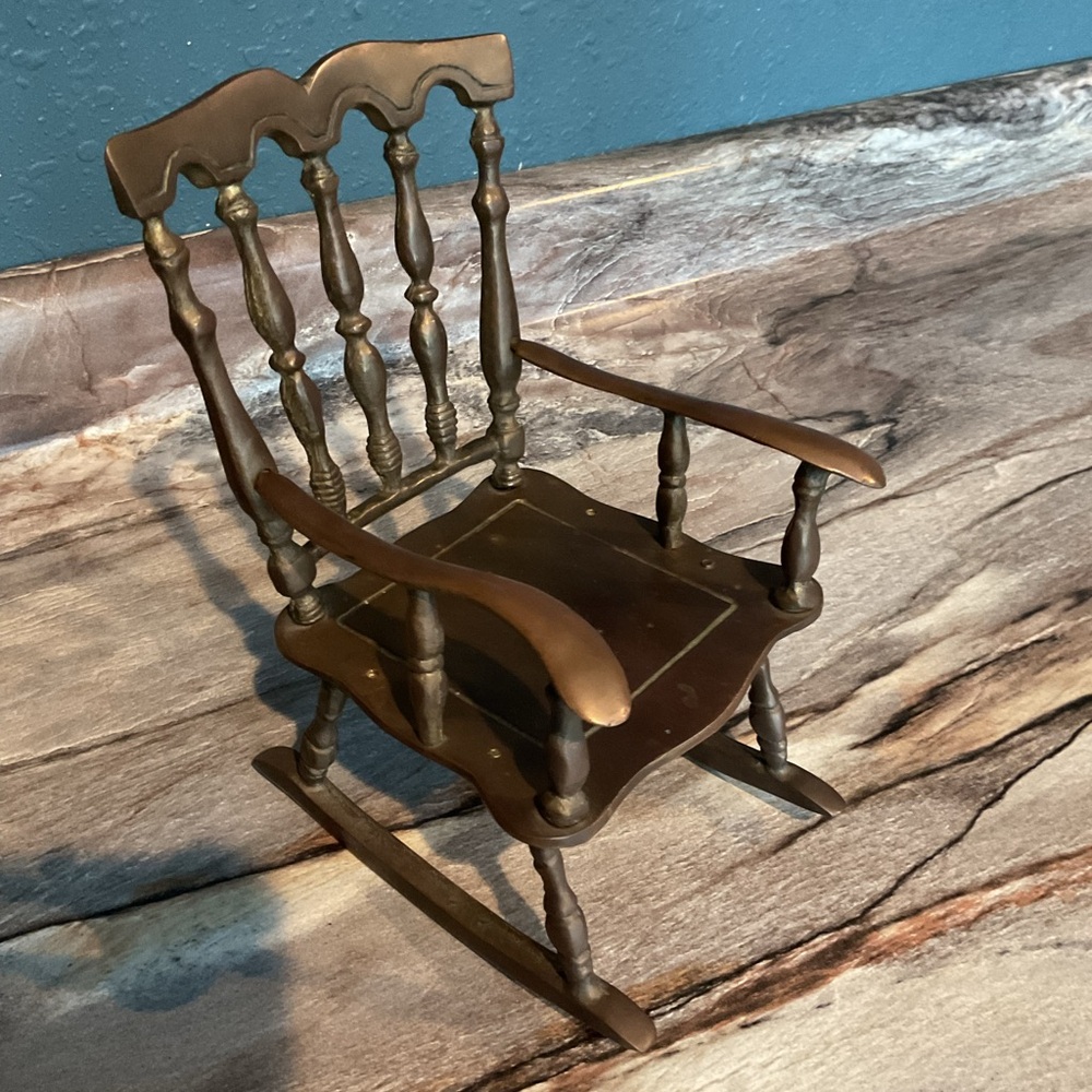 Vintage Heavy Solid Brass  Rocking Chair Figurine Collectible Doll Set Decor